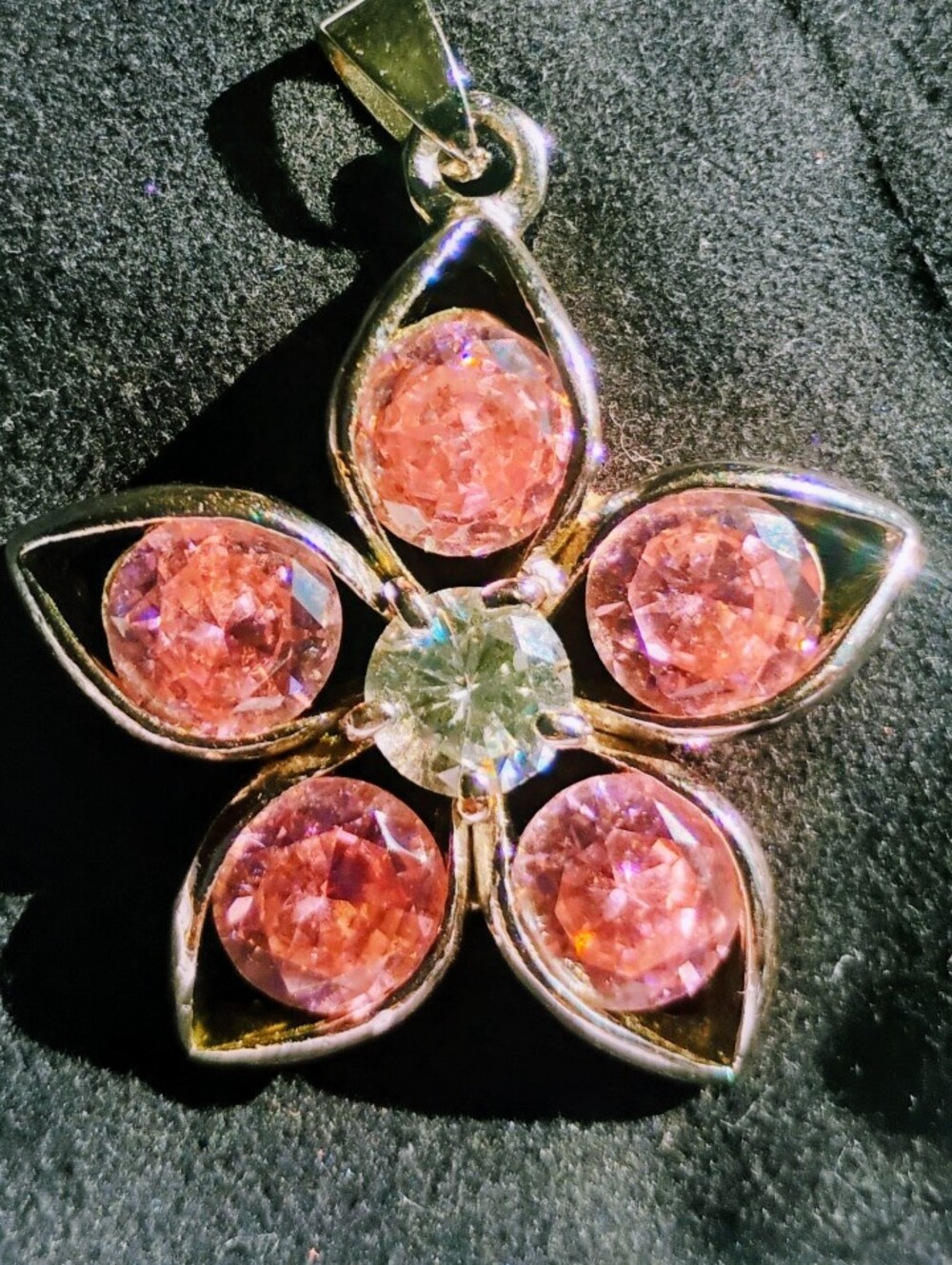 Gold-Plated Stamped Pink Crystal Flower Pendant